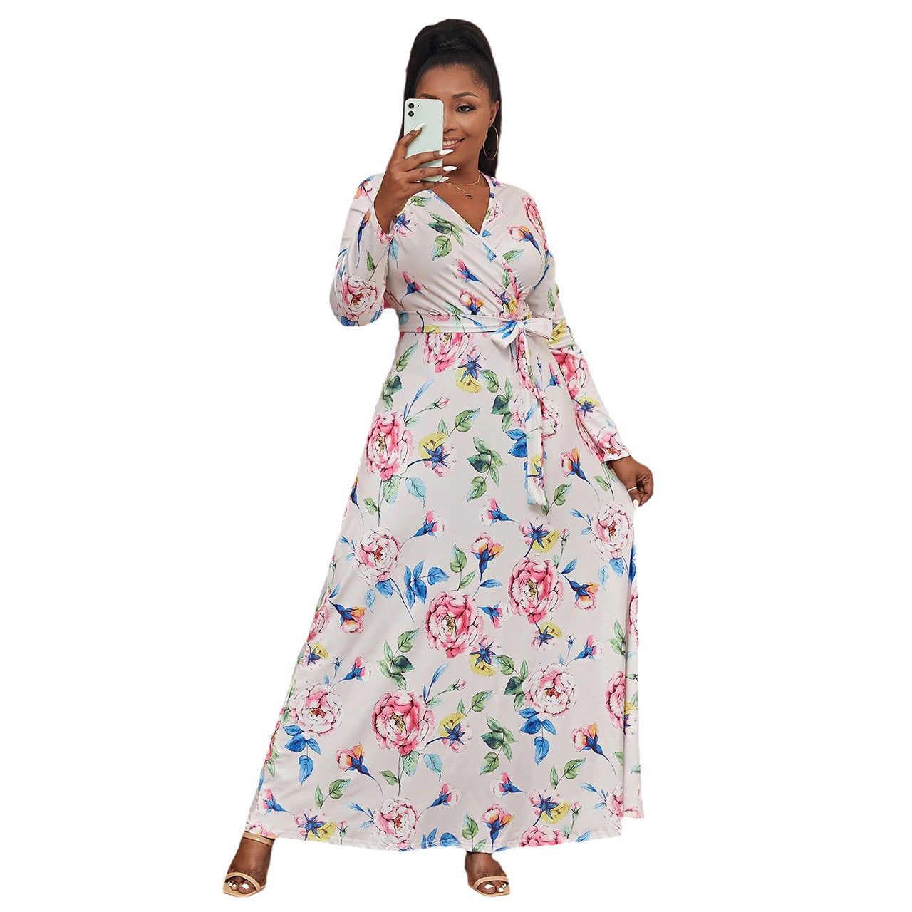 Spring And Summer Plus Size Floral Printed Long Sleeve Wrap Women's Maxi Dress 3