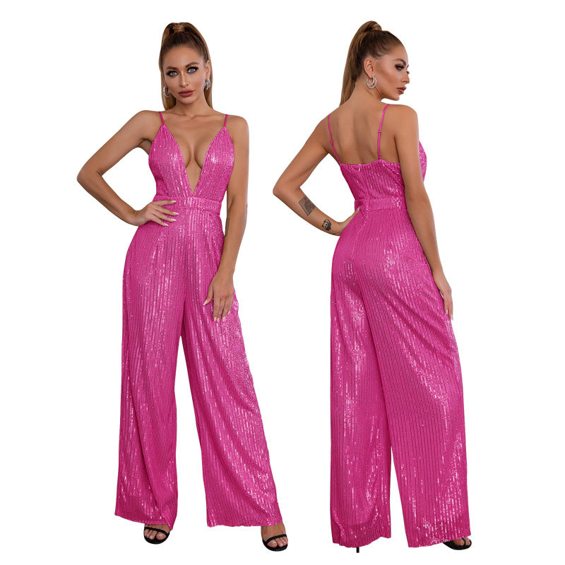 Deep V Neck Low Back Sleeveless Chic Sequined Straps Elegant Women's Party Jumpsuit 11