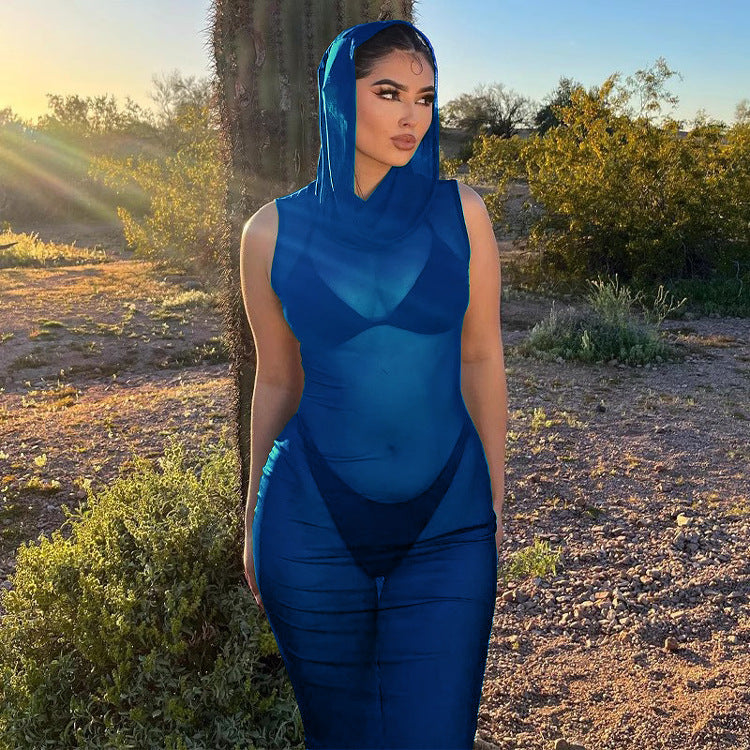Women Casual beach fun See-Through Mesh hooded sexy Maxi Dress 12