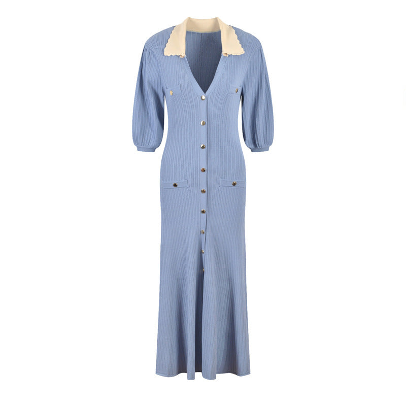 Fashion V-Neck Puff Sleeve Slit Long Sweater Dress Single-Breasted Chic Slim Waist Knitting Dress 6