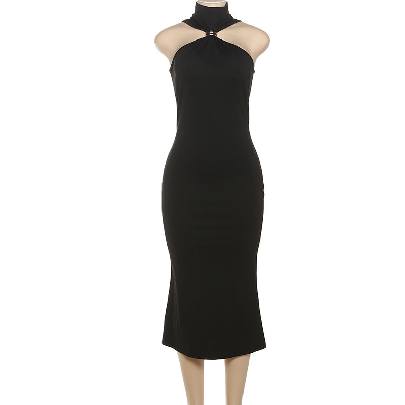 Summer Sexy Solid Color High-Collar Strapless Slim Dress for Women 10