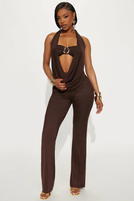 Women Summer Sexy Metal Strapless Halter Neck Top and Pants Two-Piece Set 7