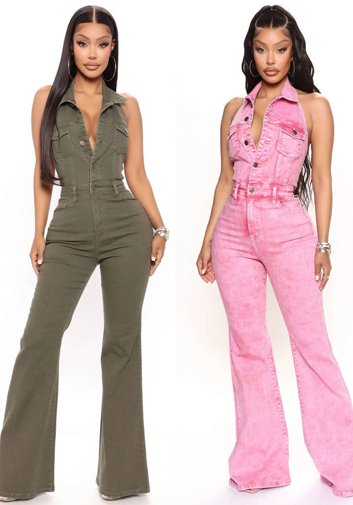 Women Denim Stretch Sexy Backless Turndown Collar Cargo Jumpsuit