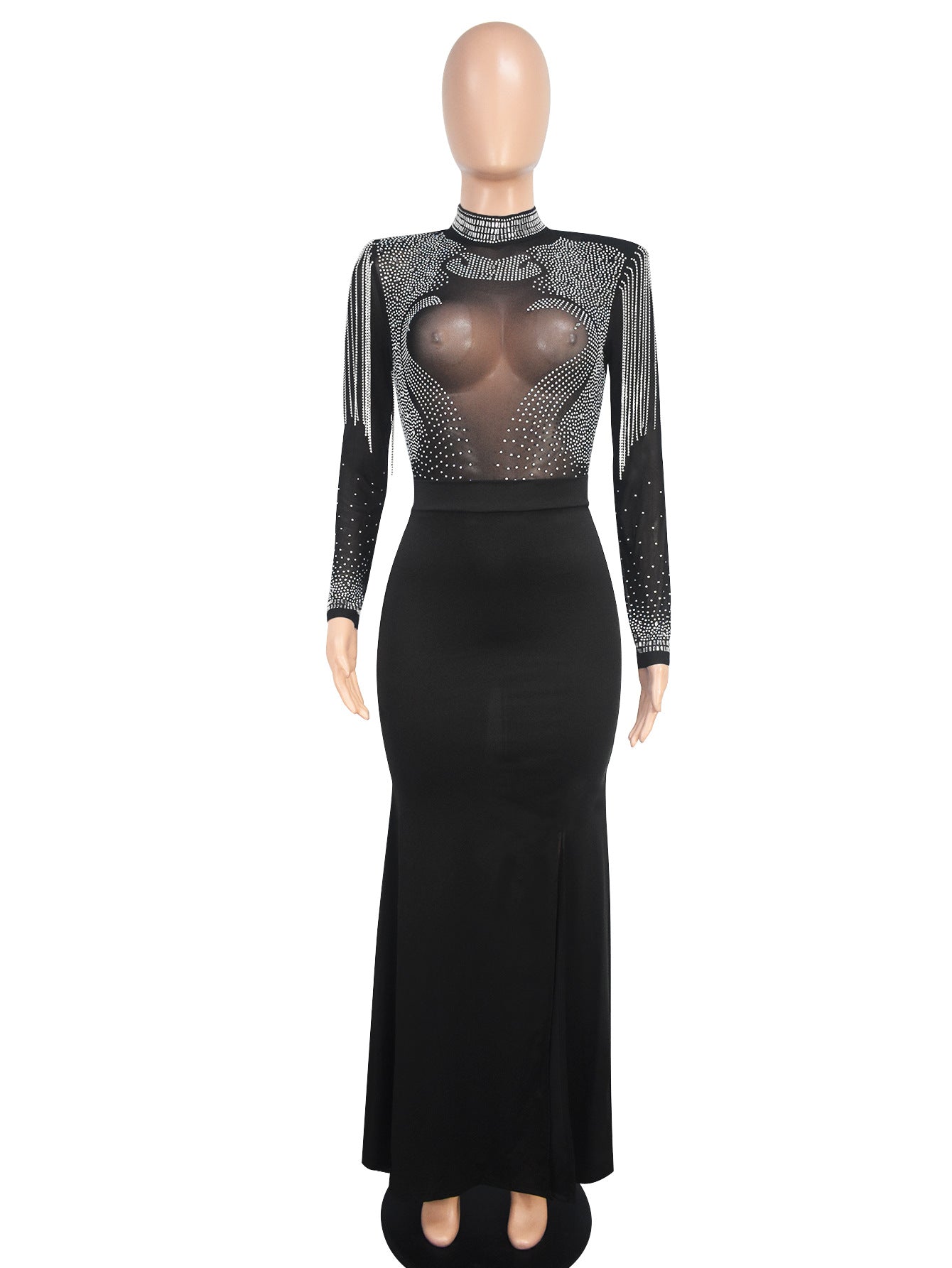 Women Sexy See-Through Mesh Beaded Slit Dress 7