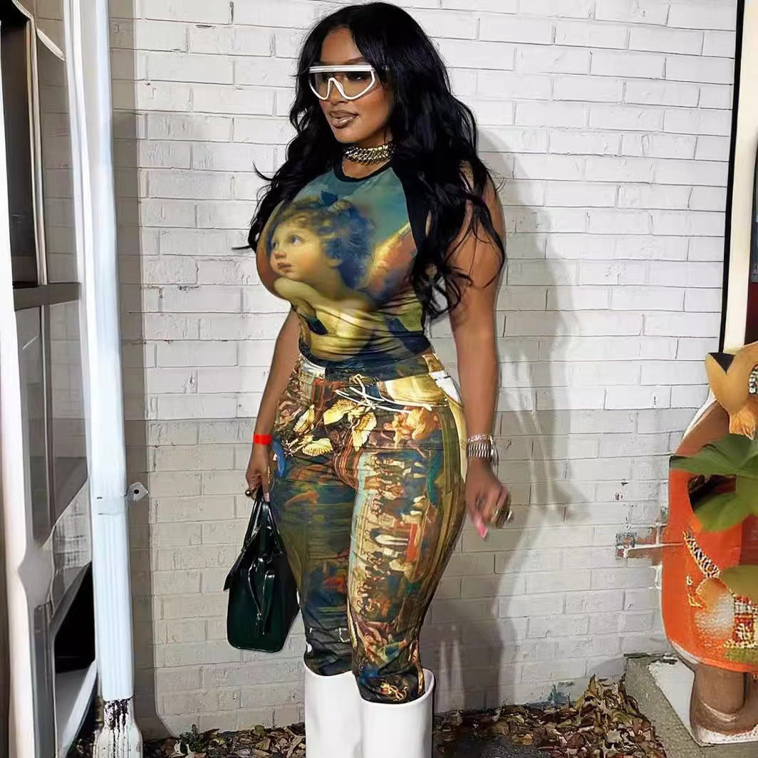 Fashion Print Sleeveless Slim Two Piece Set