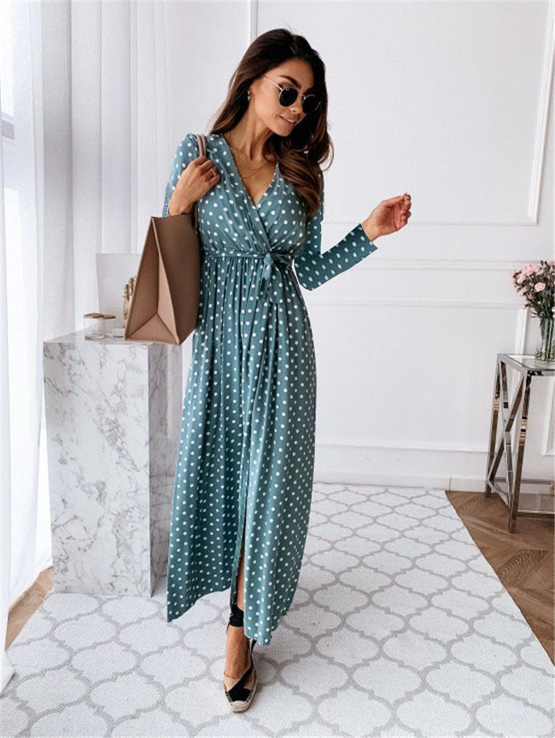 Spring Long Sleeve V-Neck Bohemian Polka Dot Print Long Dress 9