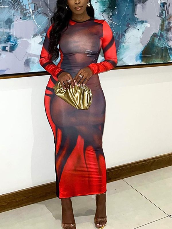 Trendy Women Street Fashion Printed Round Neck Pullover Long Sleeve Bodycon Casual Dress 4