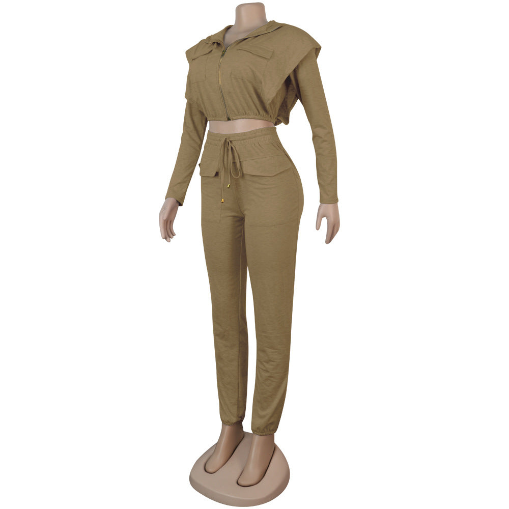Women Sexy Zip with Cap Long Sleeve Top + Trousers Two-piece Set 19