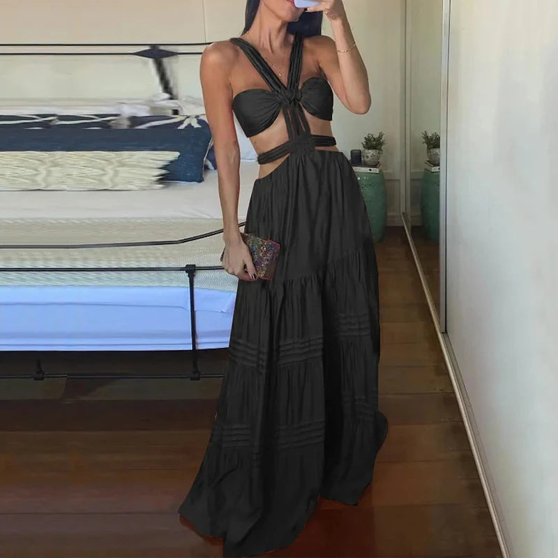 Summer Fashionable And Sexy Strap Solid Color Hollow Long Dress 5
