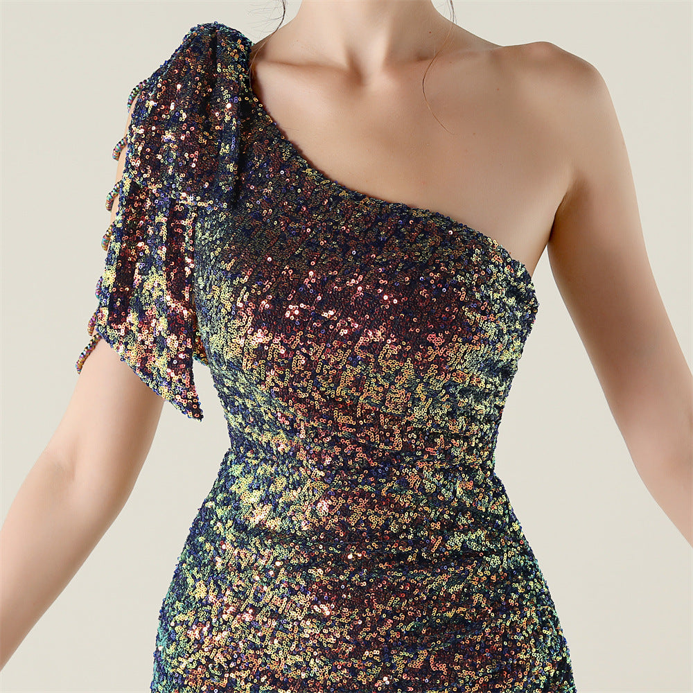 Plus Size Women clothing one-shoulder nail flower beaded evening dress 39