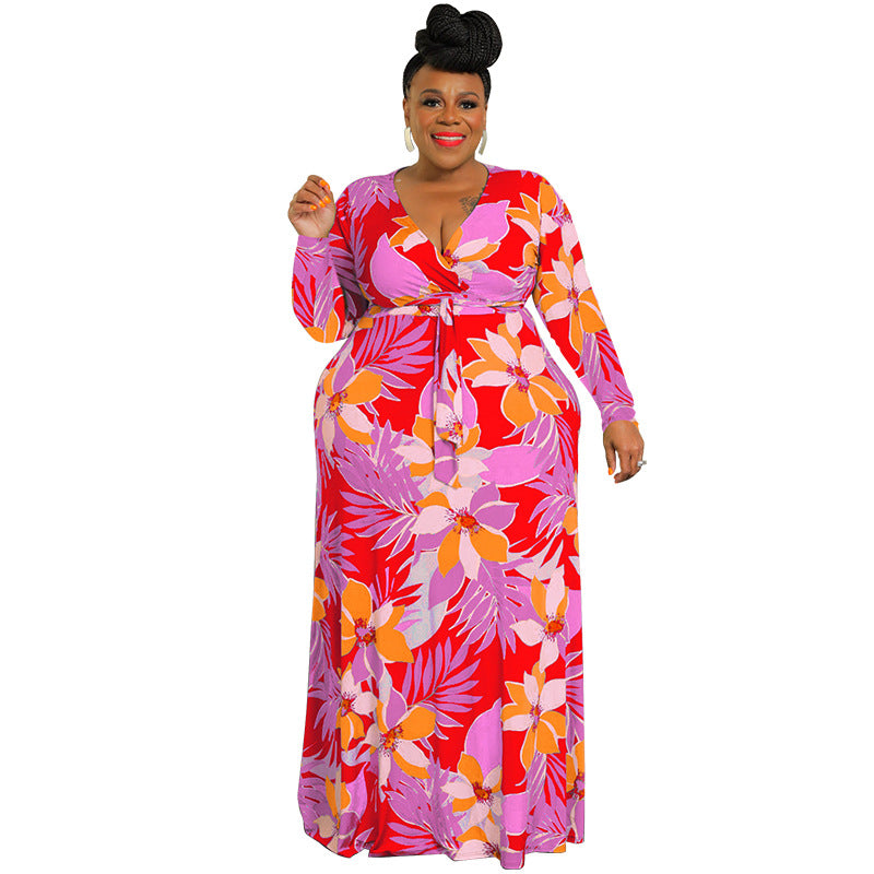 Fashion Plus Size Women's Winter Long Sleeve Swing Print Sexy Bodycon Dress