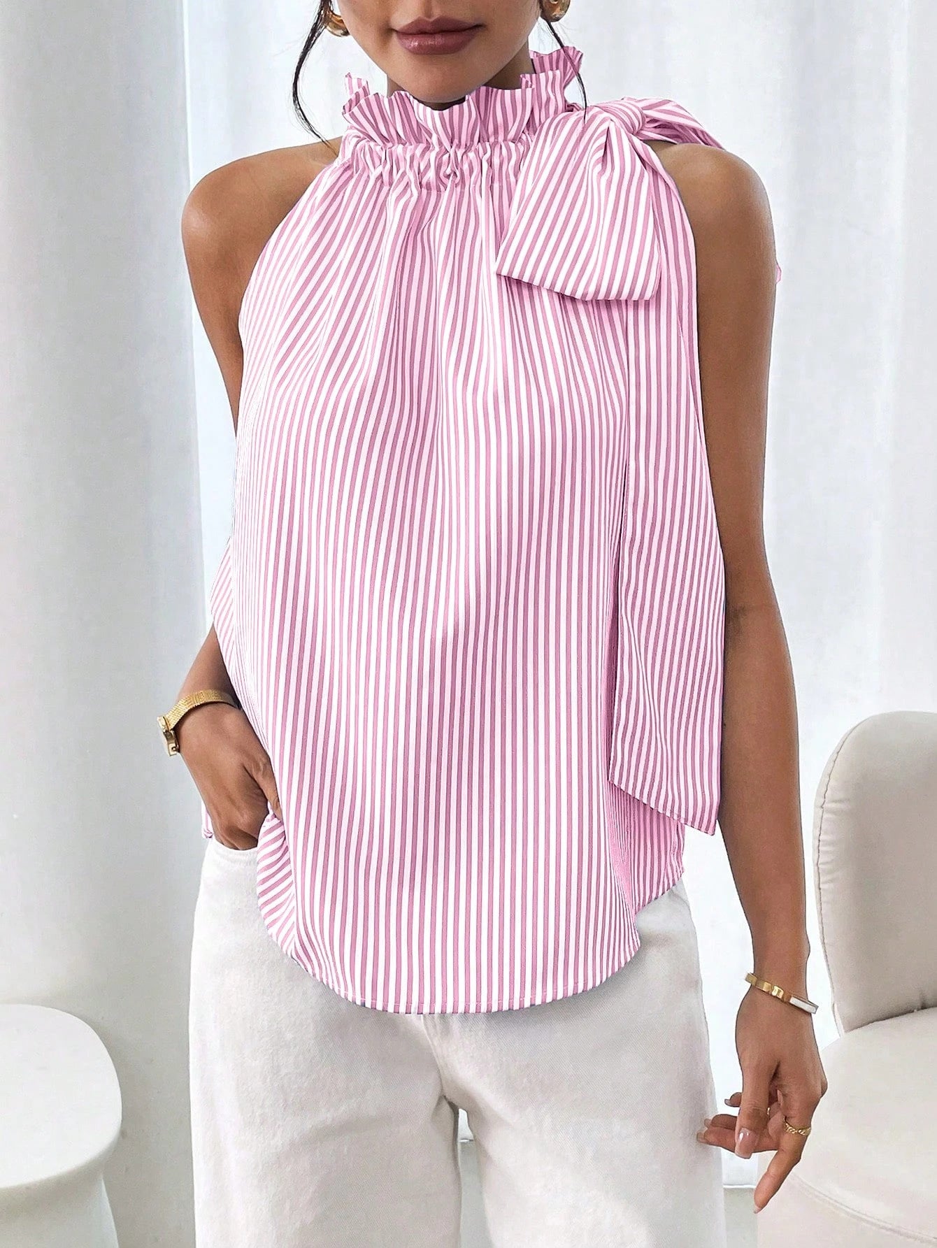 Fashion Sleeveless Striped Lace High Neck Tie Knot Women's T-shirt Top 9