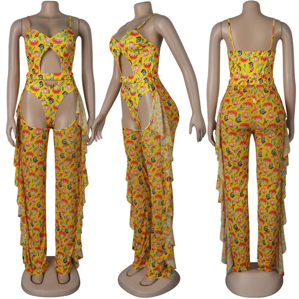 Sexy Women's Solid Color Printed One Piece Swimsuit Mesh Pants Two-Piece Set 11
