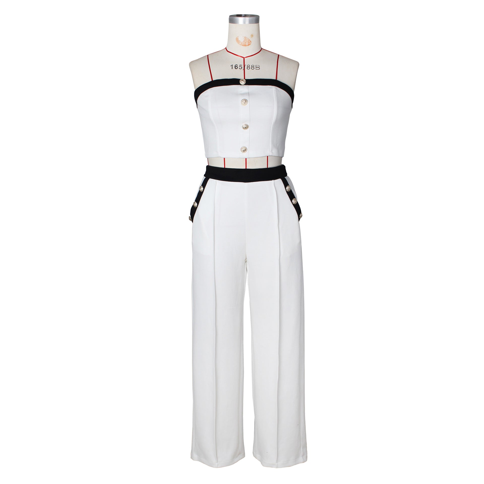 Sexy Color Blocked Decorative Button Straight High Waist Wide Leg Women's Pants Set 14