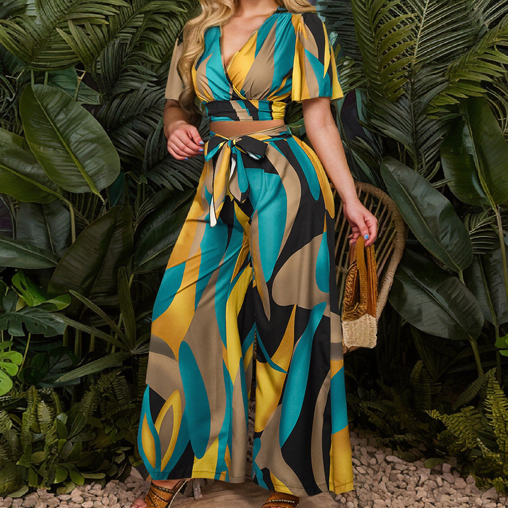 Women's Summer Casual Printed V-Neck Top and Wide Leg Pant Sets 5