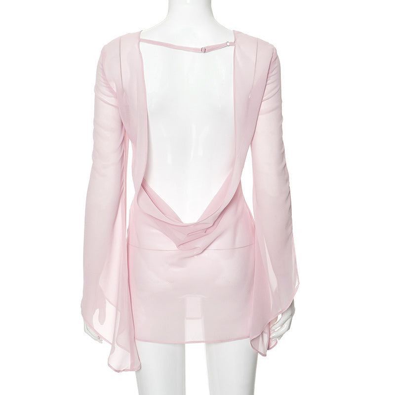 Women Summer Sexy See-Through Swing Collar Long Sleeve Backless Dress 6