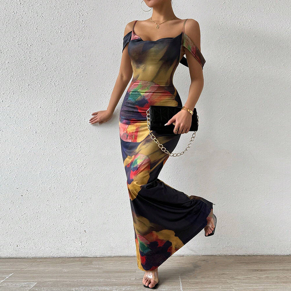 Summer Strap Off Shoulder Holidays Printed Slim Long Dress 4