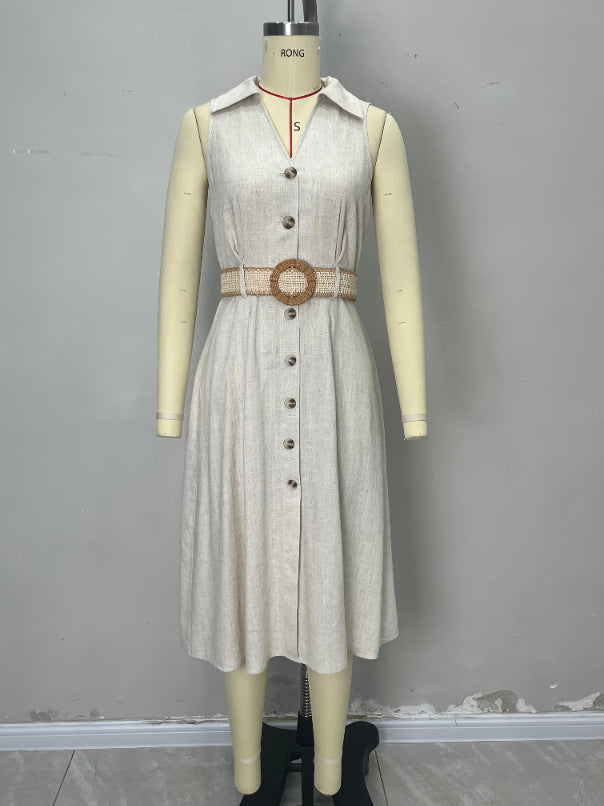 Women V-neck Sleeveless Belt Shirt Dress 4
