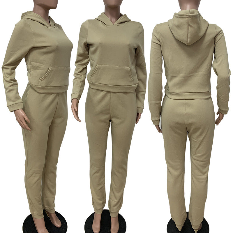 Women Fall/Winter Solid Hoodies and Pant Sport Two-Piece Set 26