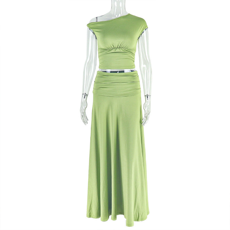 Solid Color Casual Pleated One-Shoulder Slash Shoulder Crop Top Long Skirt Two-Piece Women's Set 6