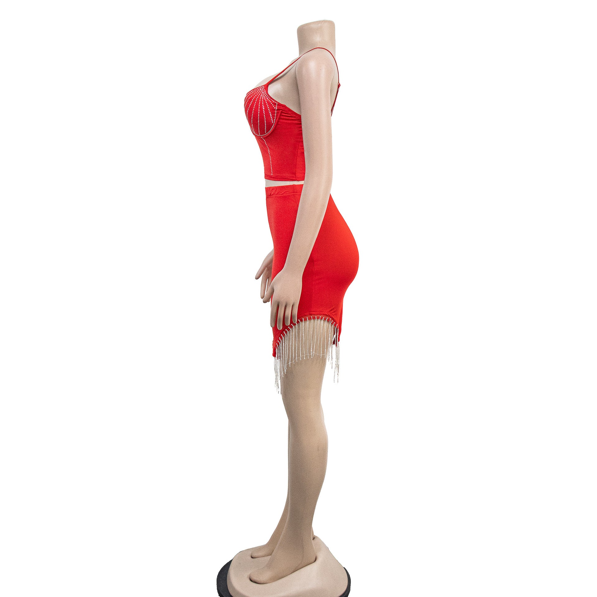 Women's Fashion Beaded Sleeveless Straps Top Tassels Skirt Two-Piece Set 19