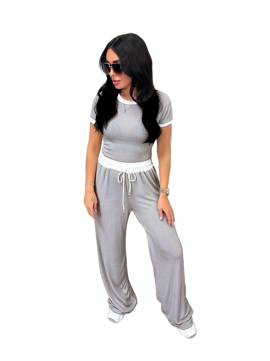 Spring Summer Style Round Neck Contrast Color Short Sleeve Top Women's Fashion Casual Wide Leg Pants Sports Two Piece Set 9