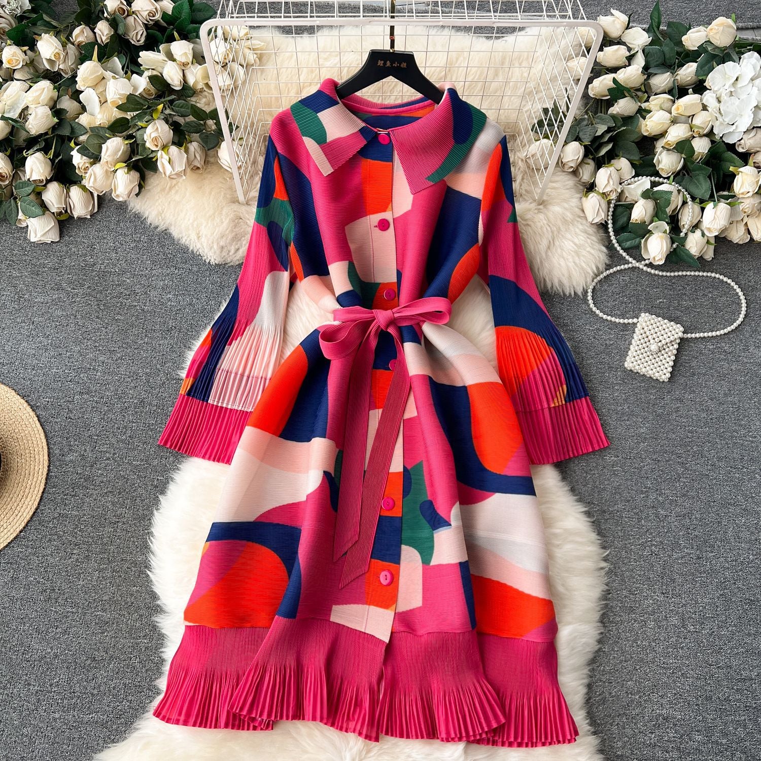 Print Women Summer Loose Slim Fit Casual Pleated Dress 6