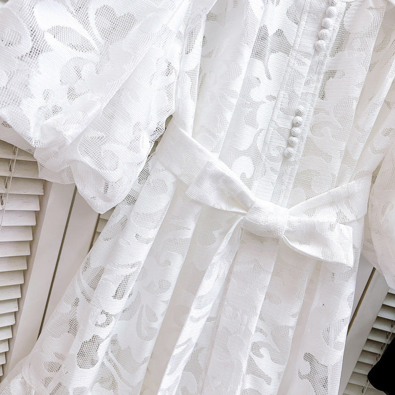 Women Round Neck Vintage Jacquard Puff Sleeve Casual Belt Dress 26