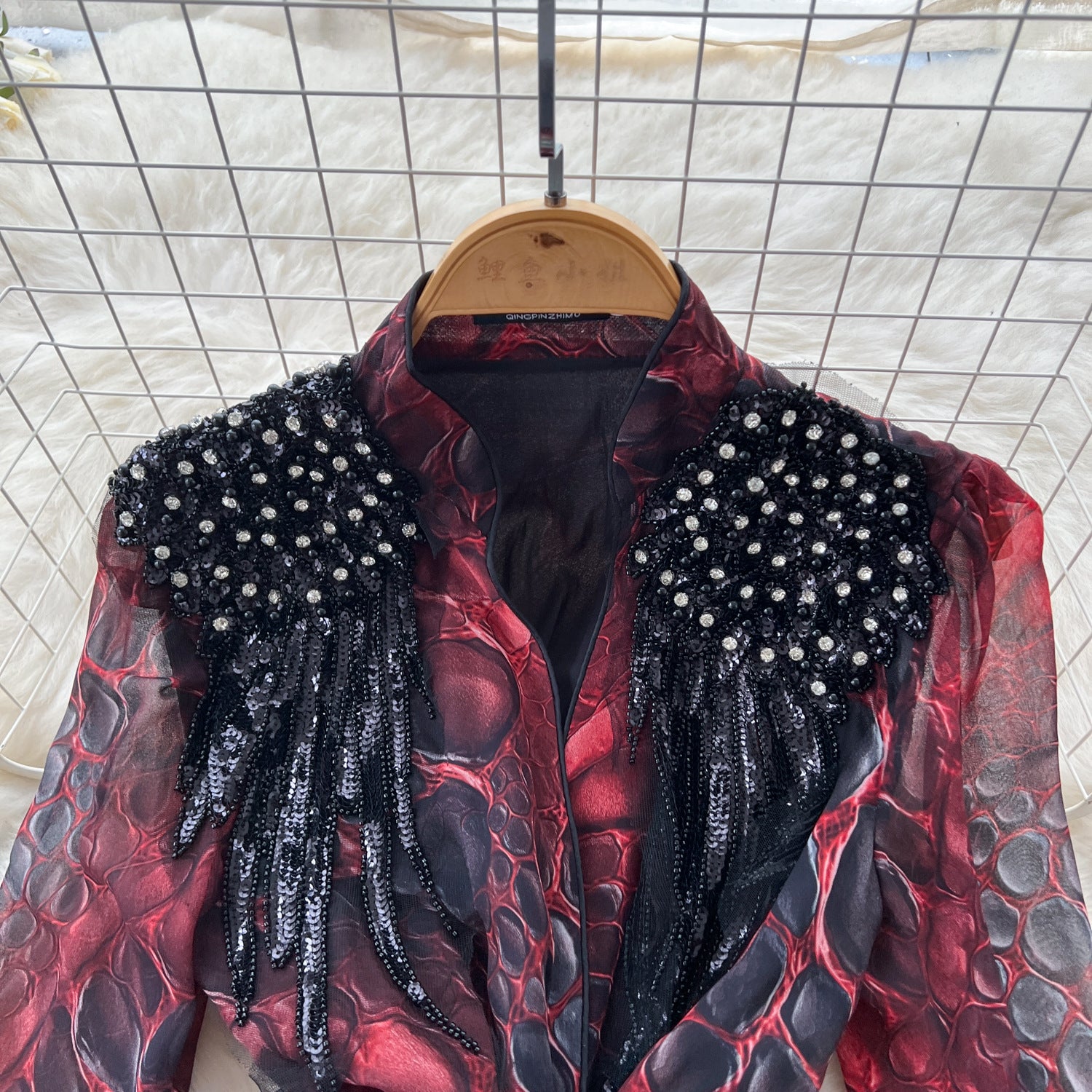 Fashionable Women's Beaded Sequin Embroidery V neck Slim Waist Long Sleeve Leopard Print Elegant Long Dress 7