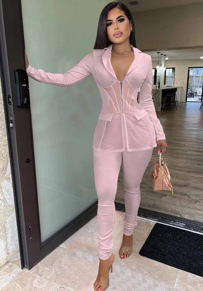 Women autumn and winter sexy mesh Patchwork Blazer + Pant two-piece