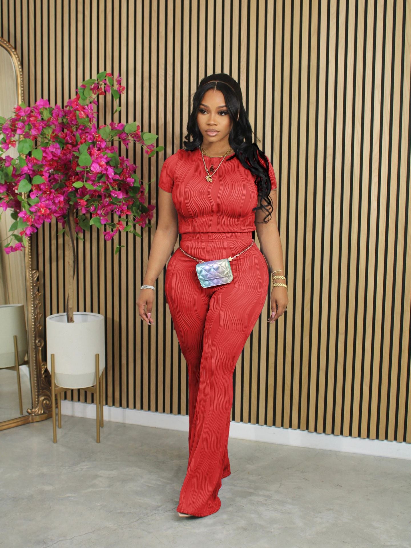 Women Casual Ribbed Summer Short Sleeve Top and Pants Two-Piece Set 5