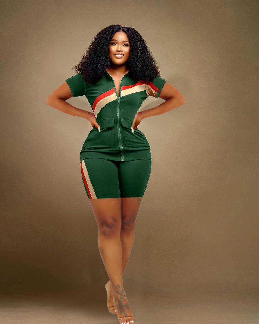 Women's Sports Casual Fashion Zip Pocket Top Shorts Two-Piece Set 6