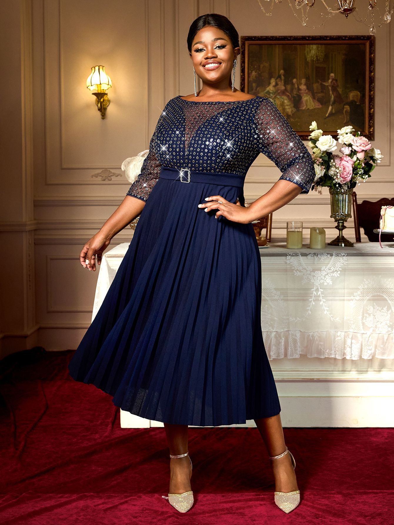 Mesh Patchwork Sequins Round-Neck Pleated A-Line Dress