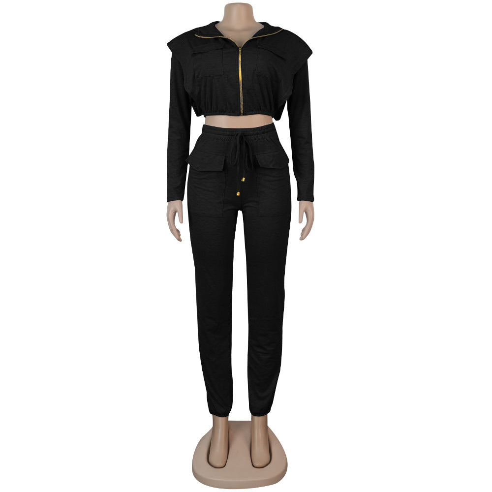 Women Sexy Zip with Cap Long Sleeve Top + Trousers Two-piece Set 23