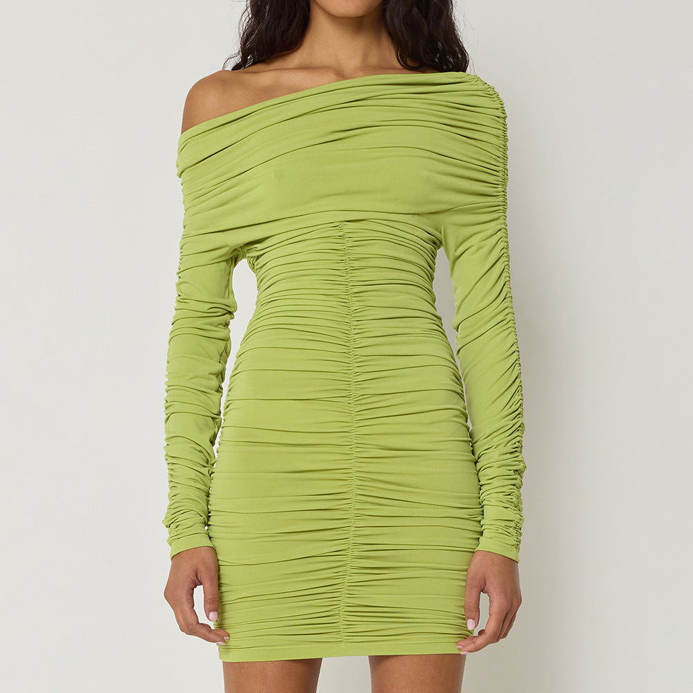 Autumn Winter Chic Solid Round Neck Long Sleeve Pleated Slim Dress 3