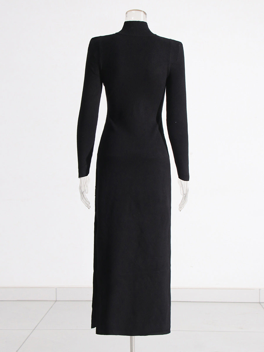 spring Stand Collar Long-sleeved Patchwork lace-up slim long dress 5