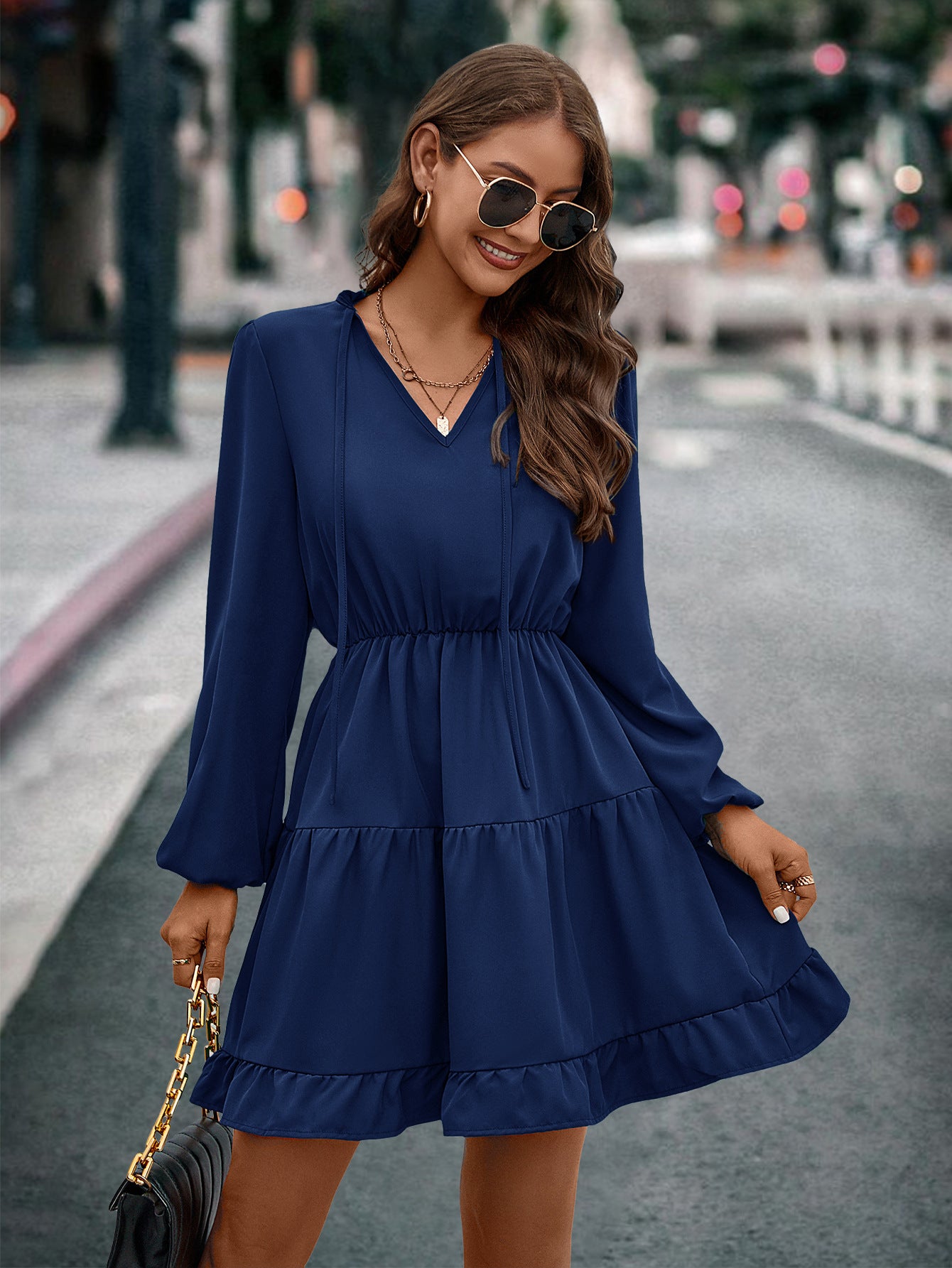 Autumn And Winter Women's  V-Neck Lace-Up Long-Sleeved Dress 4