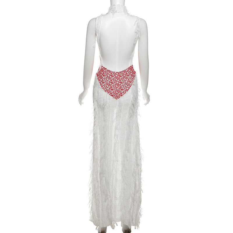 Summer Women's Trendy Sleeveless Fringe See-Through Patchwork Low Back Maxi Dress 7