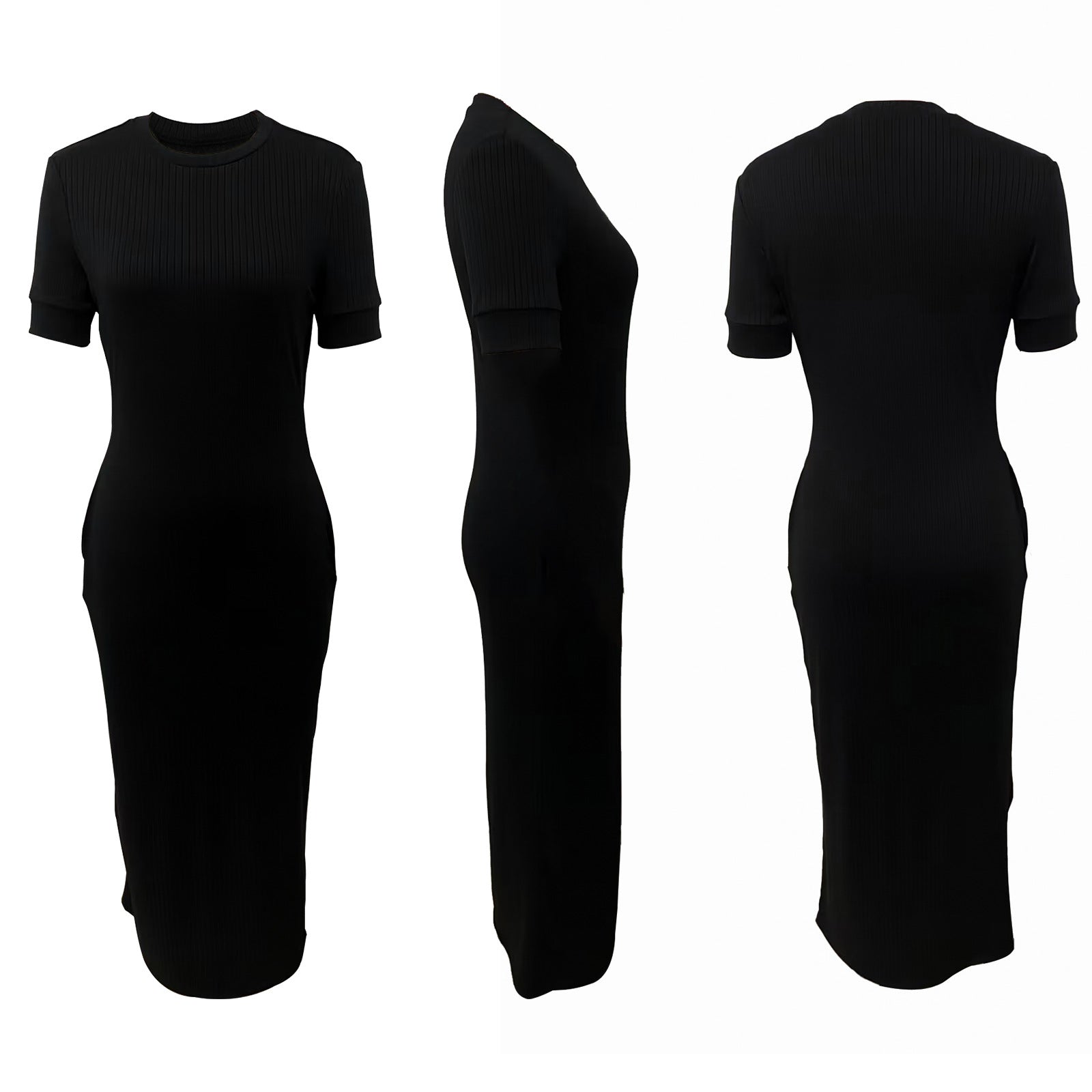 Summer Women's Fashion Round Neck Solid Rib Short Sleeve Sexy Slim Long Dress 11