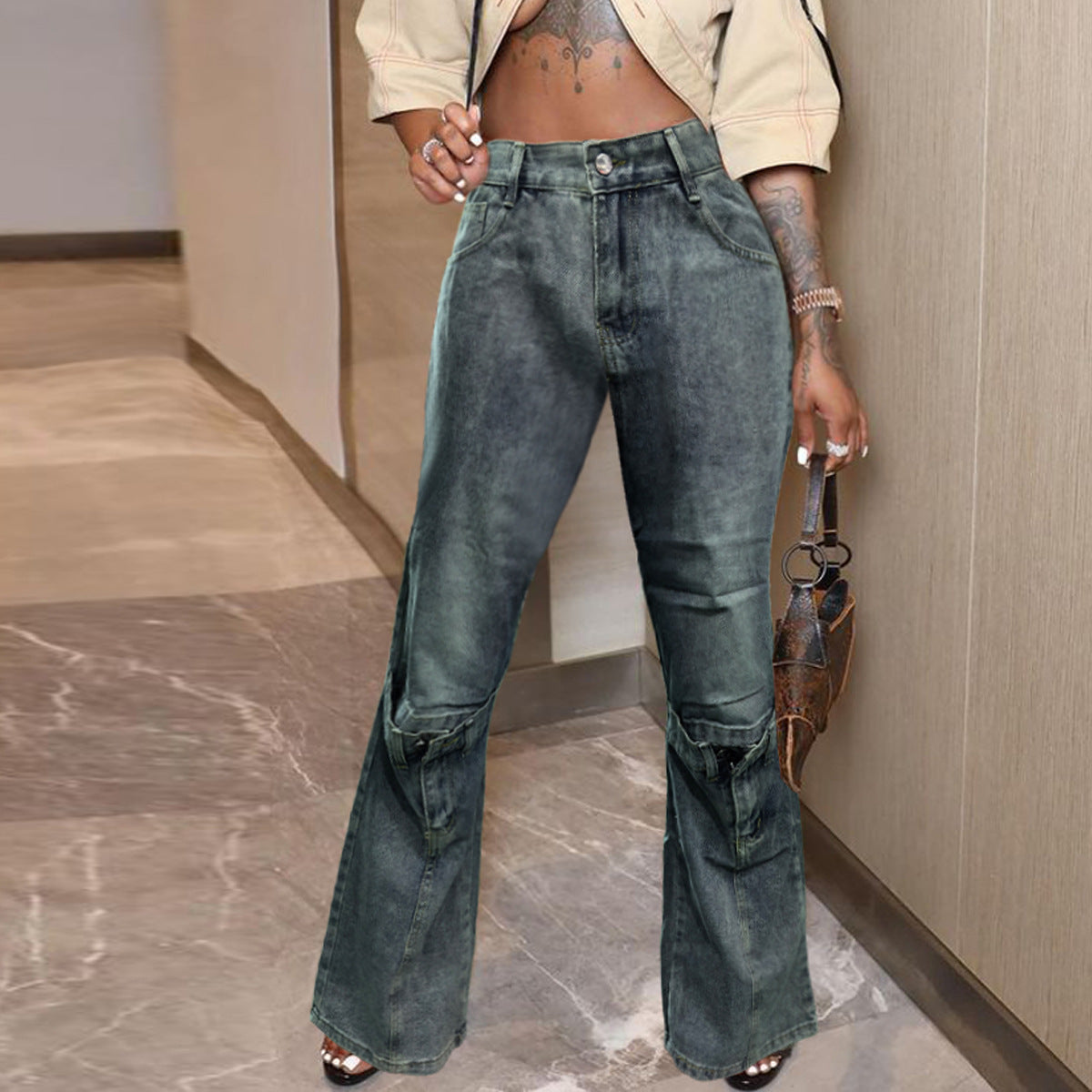 Women Washed Pocket Buttons Denim Pant