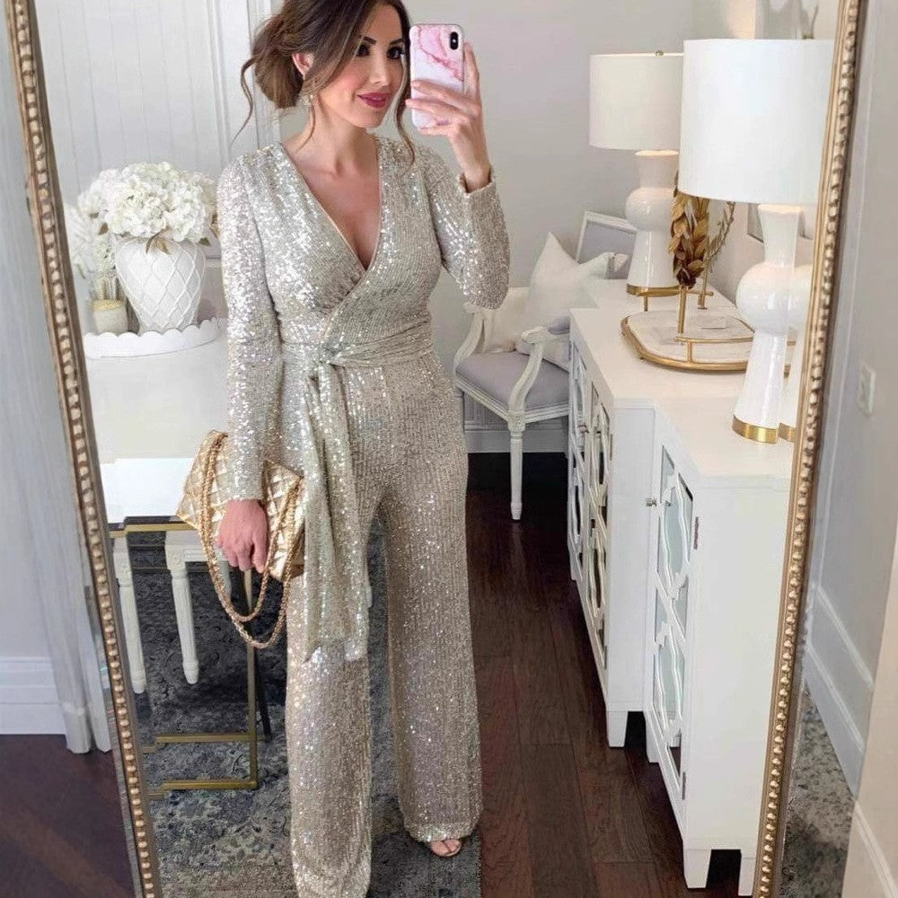 Women V Neck Long Sleeve Sparkling Sequin Jumpsuit