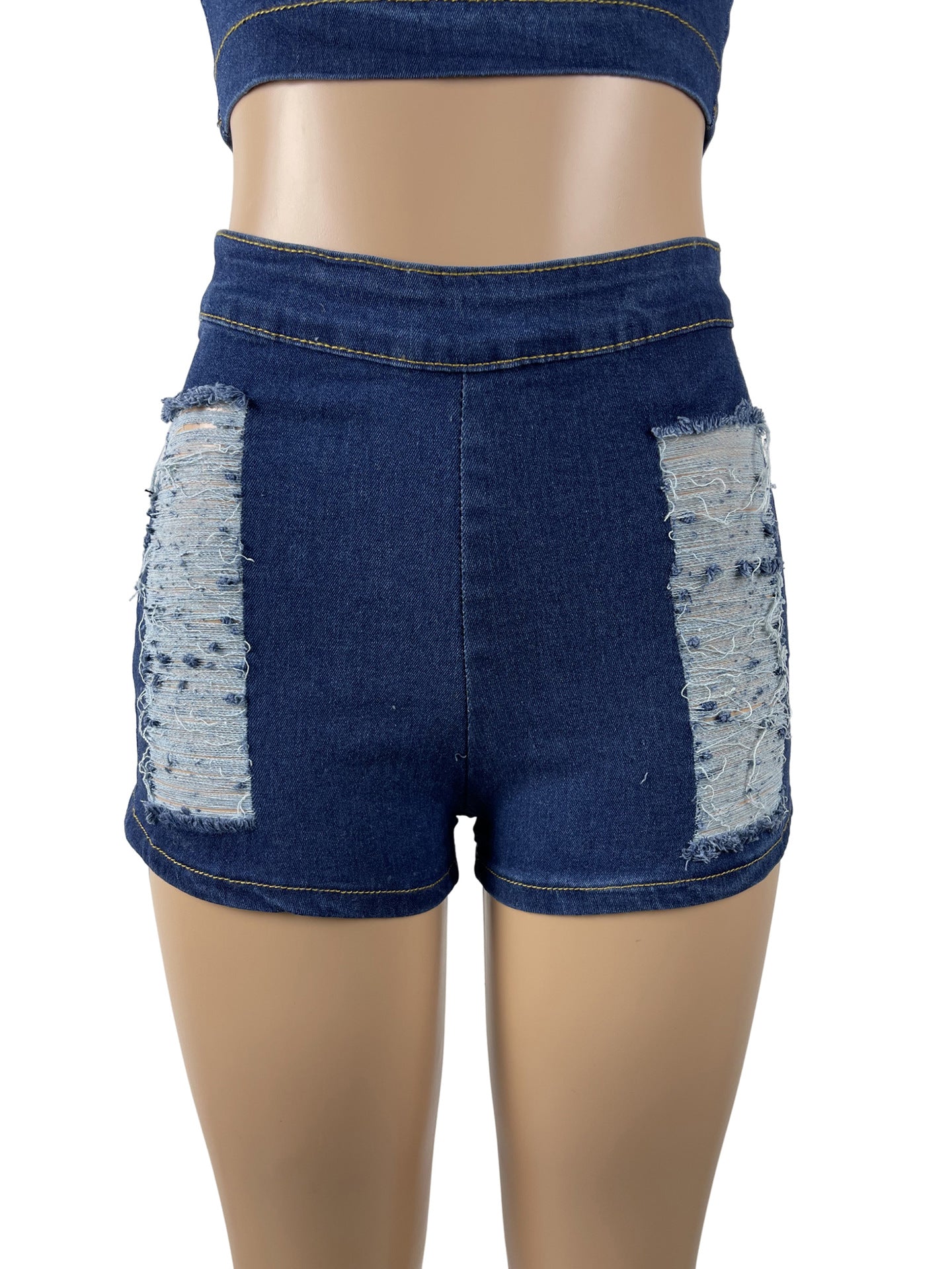 Women Stretch Ripped Strapless Denim Top and Denim Shorts Set of Two 20