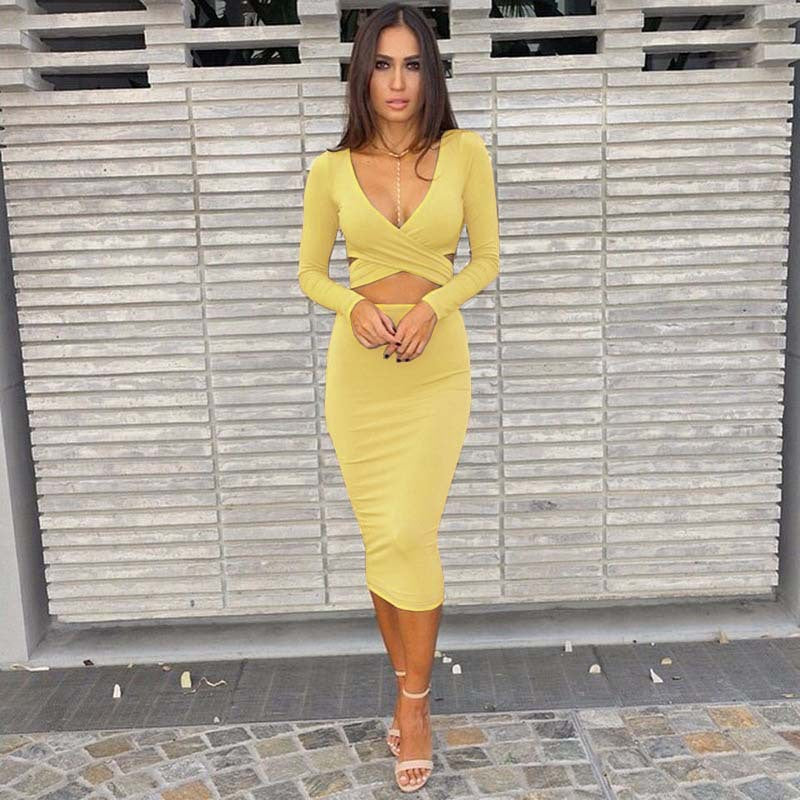 Spring Summer Style Women's Stretch Sexy Hollow V-neck Long Sleeve Nightclub Party Dress 3