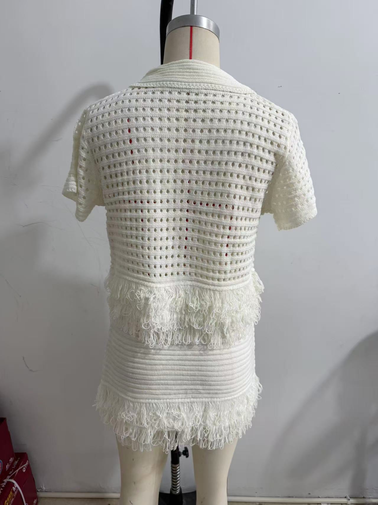 Women's Fringe Short-Sleeve Knit Jacket + High-Waisted Mini Skirt Set 20