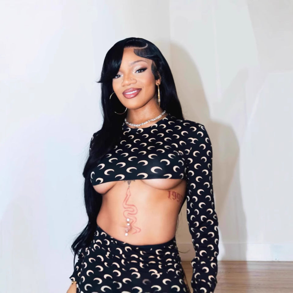 Women Sexy Long Sleeve Crop Top and Skirt Two-Piece Set 5