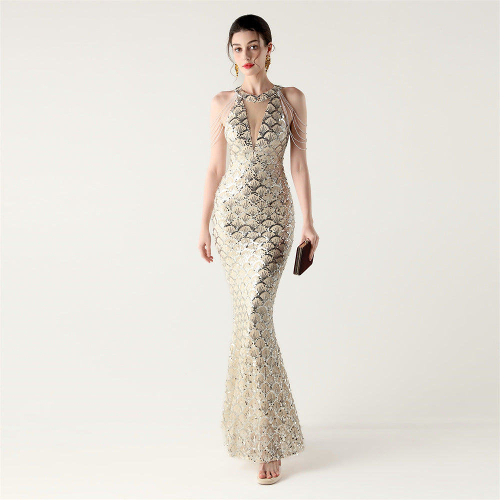 Sequin Fishtail Evening Dress Halter Neck Off-Shoulder Party Gown 11