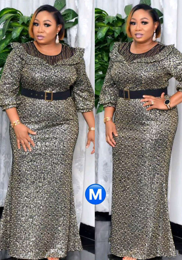 African Plus Size Women's Round Neck Print Long Dress