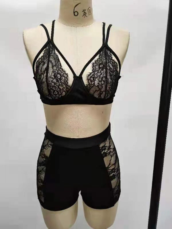 Women Body-fitting Lace Shoulder Strap Lace Two-piece Set 16
