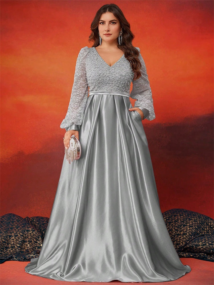 Plus Size Women Sequin Contrast Color Satin Long Sleeve V Neck Elegant Dinner Ball Evening Dress 4