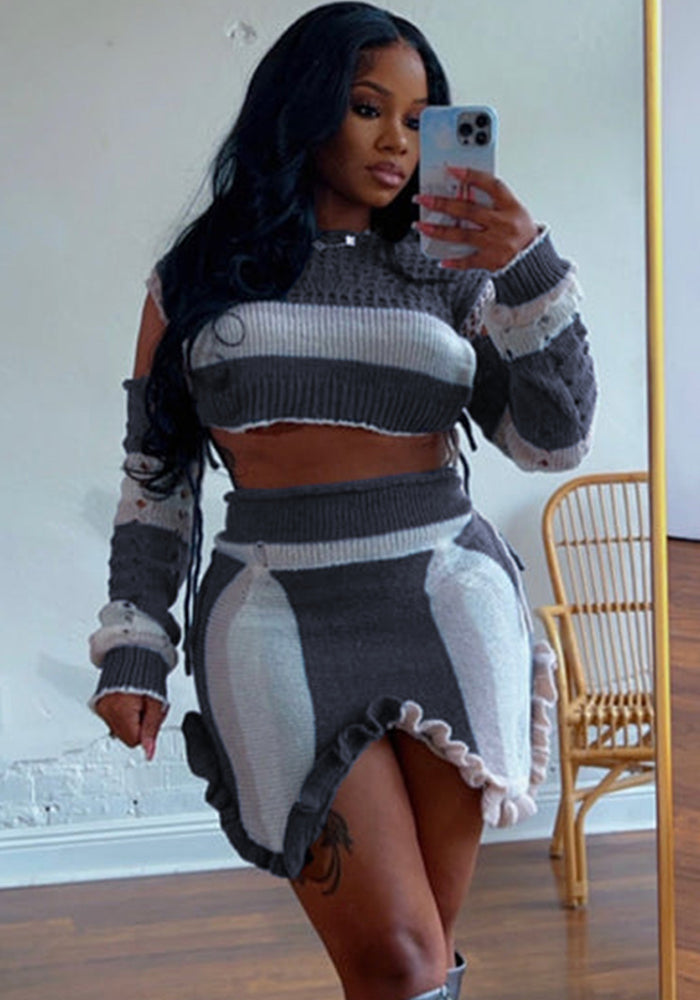 Women's Summer Hollow Ruffled Irregular Contrast Color Long Sleeve Top Short Skirt Set